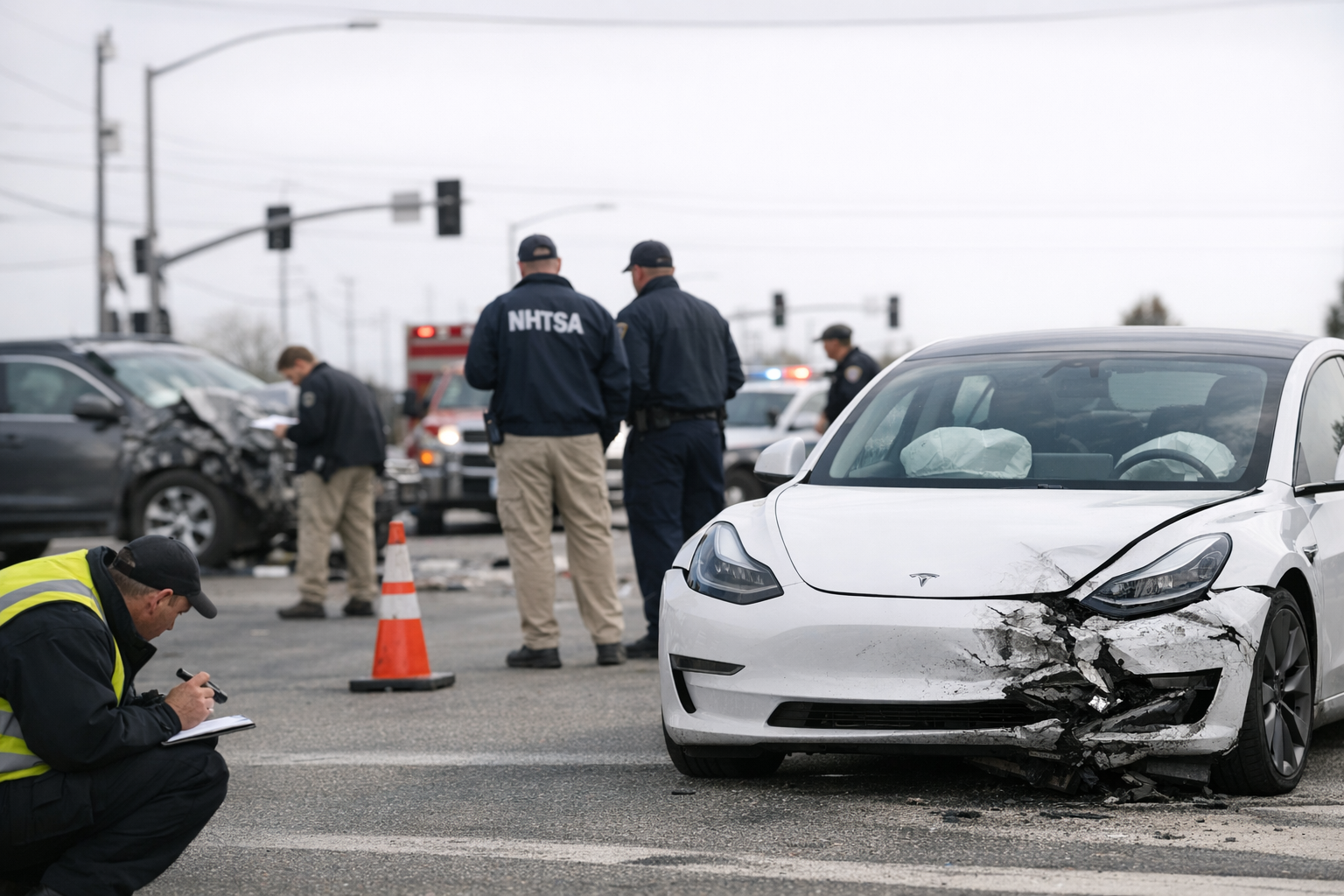 夜间城市道路上的特斯拉车辆与前方交通灯示意